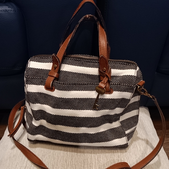 Fossil Striped Black and White Handbag with Tan Accents - Picture 2 of 6